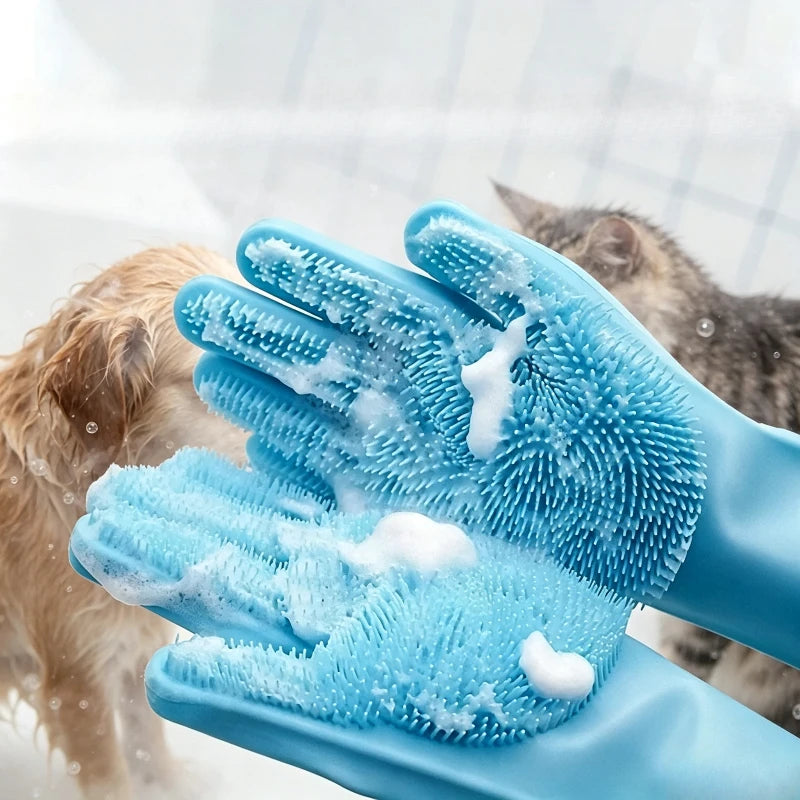Silicone Pet Bath Gloves Anti Scratch Bite Resistant Dog Cat Massage Brush Hair Removal Grooming Deep Cleaning Washing Gloves Quake