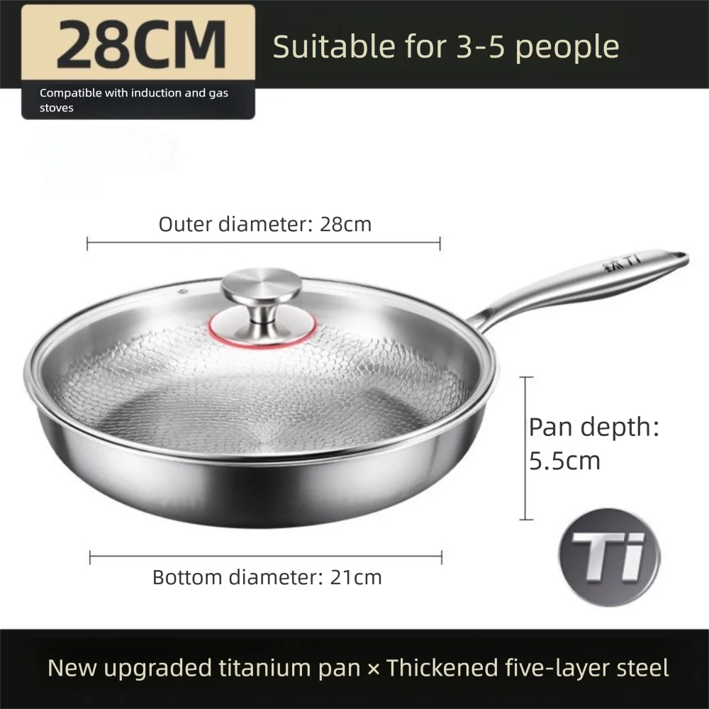 26/28/30/32cm Titanium Frying Pan Uncoated Non Stick Steak Frying Pan Thickened Fish Scale Hammer Pattern Kitchen Cookware Quake 28cm with Lid