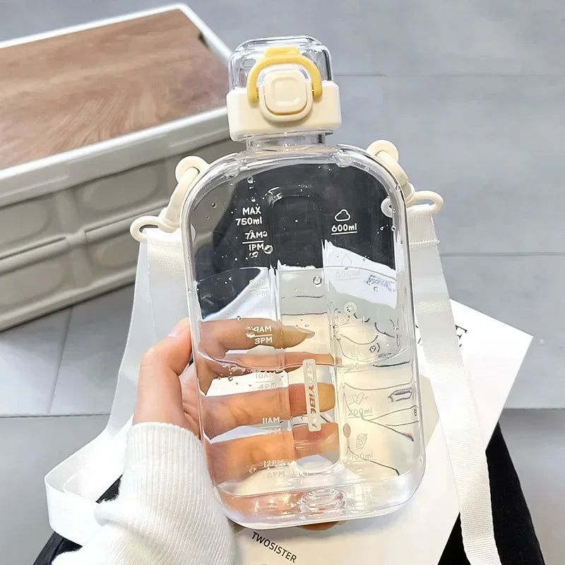 Flat Square Transparent Water Bottle Portable Travel Canteen with Adjustable Strap Elegant Slim Bottle for Sport Camping Quake 750ml Style 2 White