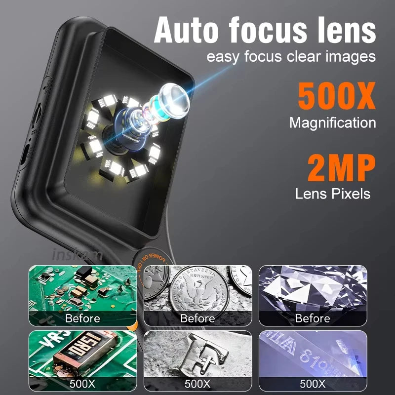 Digital Microscope Handheld 3.0 inch IPS Color Screen Autofocus 2MP Coin Video Microscopes 500x Magnification Quake