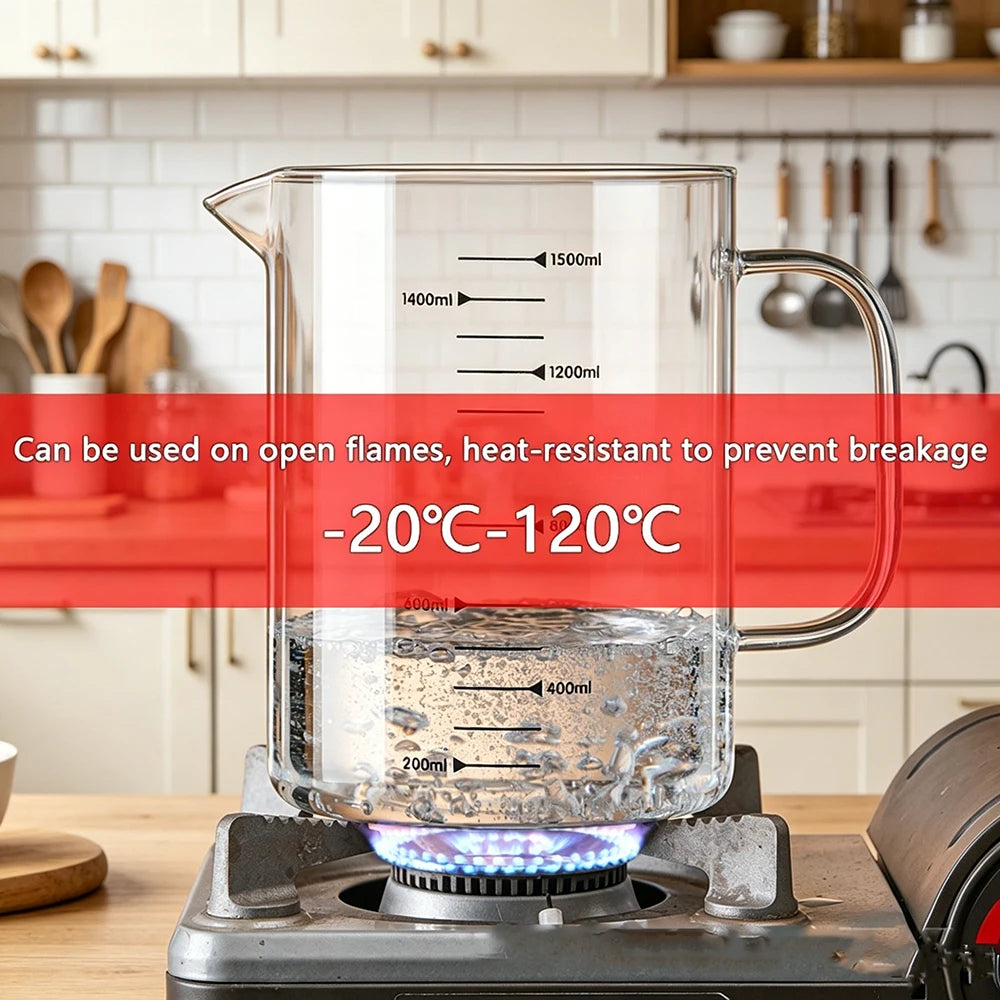 YWDL 1/1.5L High Borosilicate Glass Measuring Cup with Removable Silicone Base Heat Resistant Pitcher with Scale Mark Baking Cup Quake