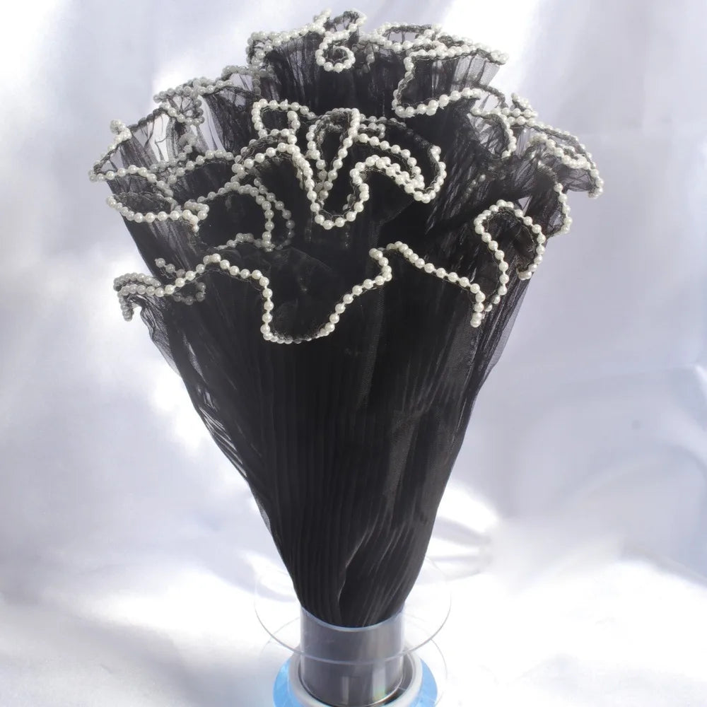 28cmx4Yards Flower Bouquet Wrapping Lace Mesh Material Pearl Wave Yarn Florist Packaging Pearl Edges Flower Wrapping Paper Quake Black one size