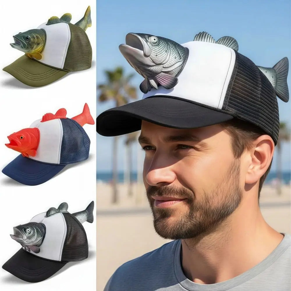 Funny 3D Fish Animal Trucker Hat Mesh One Size Novelty Fishing Hat Breathable Adjustable Fit Baseball Cap For Men Women Quake