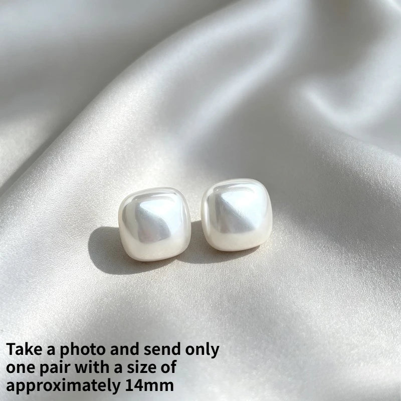 Soft Rounded Square Imitation Pearl Silver Stud Earrings Multi-size White Champagne Minimal Commute Luxury Women Ear Jewelry Quake B