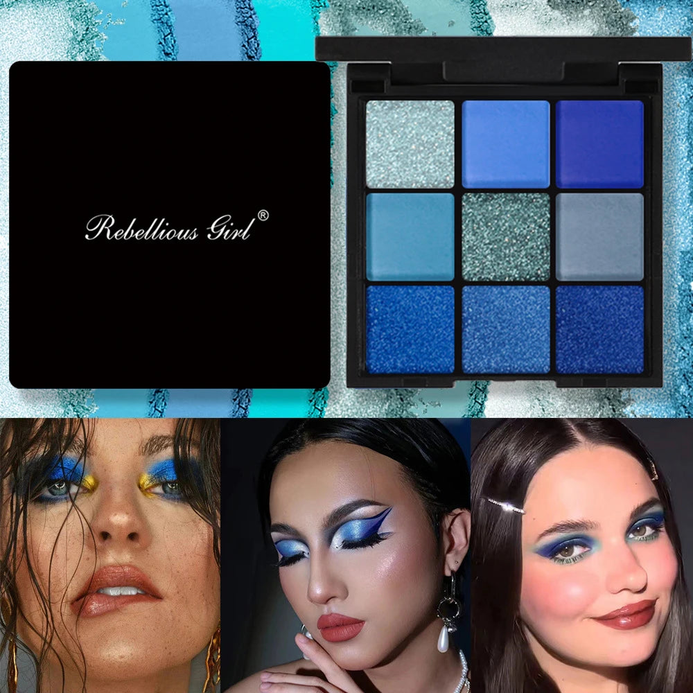 9 Color Eyeshadow Palette Blue Waterproof Sweatproof Blue Matte Pearl Glitter Finish Performance Stage Makeup Music Festival Quake