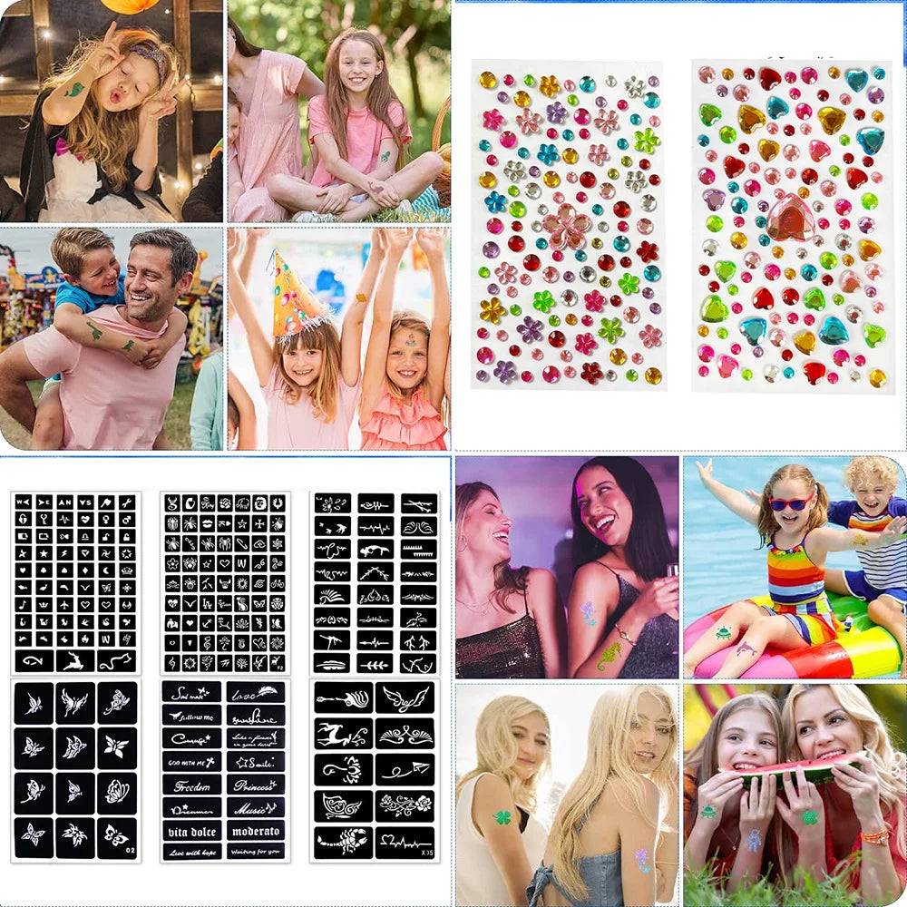 Temporary Glitter Tattoo with Stencils 30 Glitter Colors Adults Kids Body Arts Glitter Make Up Kit Gifts for Girls Boys Birthday Quake