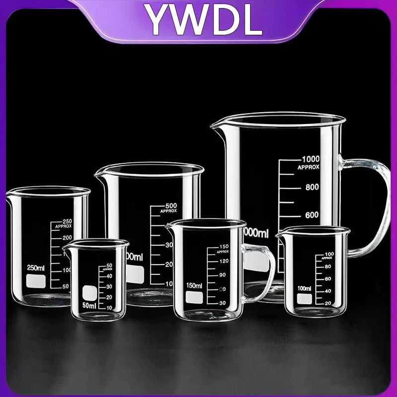 YWDL 50-1000ml High Borosilicate Glass Measuring Cup Heat-resistant Laboratory Beaker With/No Handle Scales Mug Measuring Tools Quake