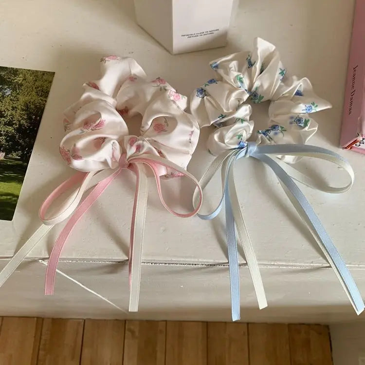 Satin Floral Bow Headband Sweet Girl Double Ponytail Large Intestine Headband Hair Accessory Quake combination