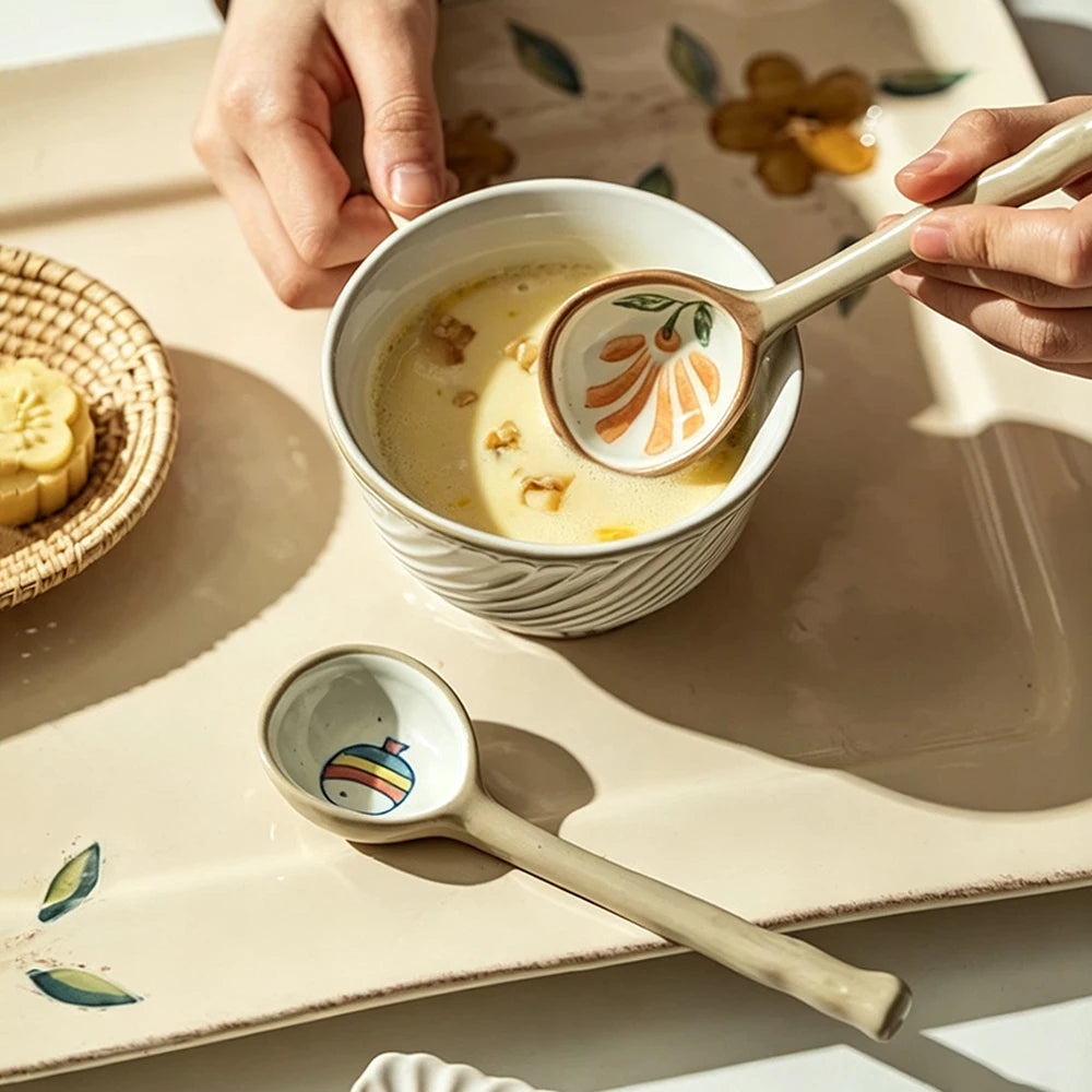 YWDL Japanese‑Style Ceramic Soup Spoon Long Handle Table Spoon Household Rice Porridge Eating Spoon Kitchen Tableware Quake