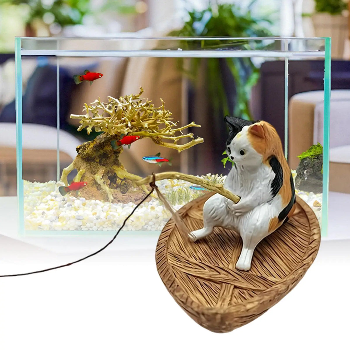 Cute Kitten Fishing Ornament Fish Tank Aquarium Decor for Garden Pond Home Office Landscaping Outdoor Aquatic River Quake