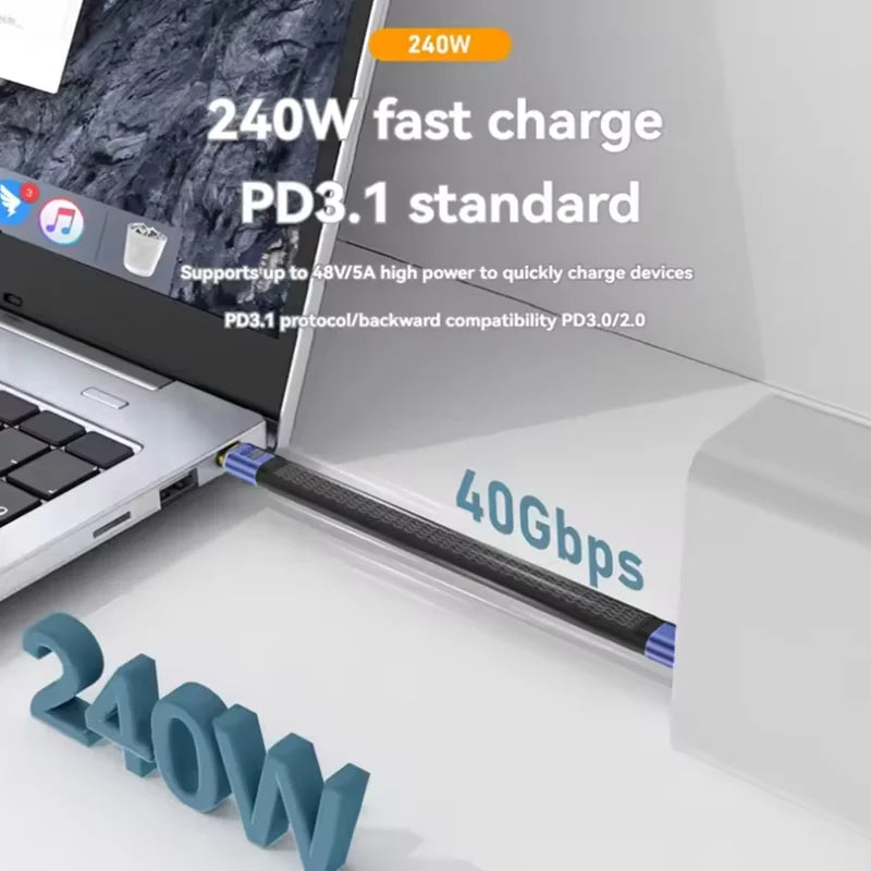 USB4 Short Cable 40Gbps Data Transfer 240W PD Fast Charging Thunderbolt 4/3 Interface Flat USB-C Cord for Laptop Phone Tablet Quake