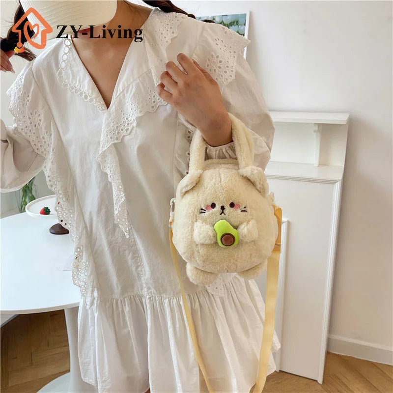 1Pcs Sweet Avocado Cat Plush Shoulder Bag Cute Cartoon Bag For Women Girls Fashion Peach Rabbit Plush Crossbody Bag Gifts Quake
