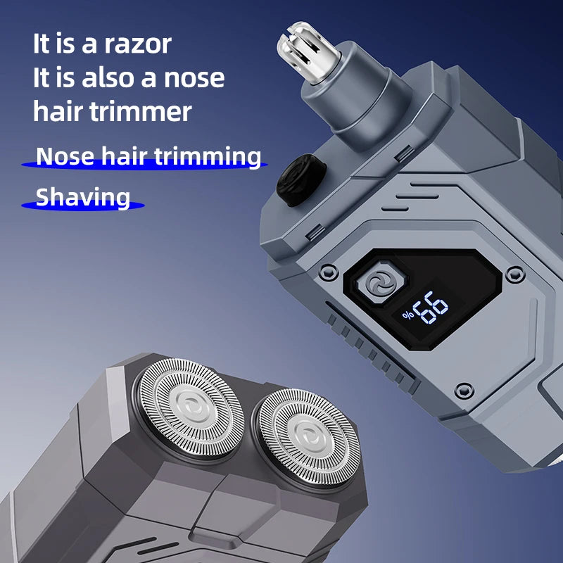 Magnetic Double Blade Electric Shaver for Men Mecha Punk Style Rechargeable LCD Quake