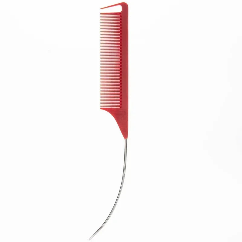 Steel Needle Professional Styling Plastic Heat Resistant Anti-Static Braiding Rat Tail Curved Parting Comb Barber Accessories Quake w red