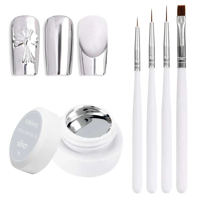 5ml Metallic Painting Gel Polish Strong Gold Silver Rose Gold Nail Art Soak Off Gel Nail Polish Silver Mirror Gel Nail Varnish Quake Silver with brush