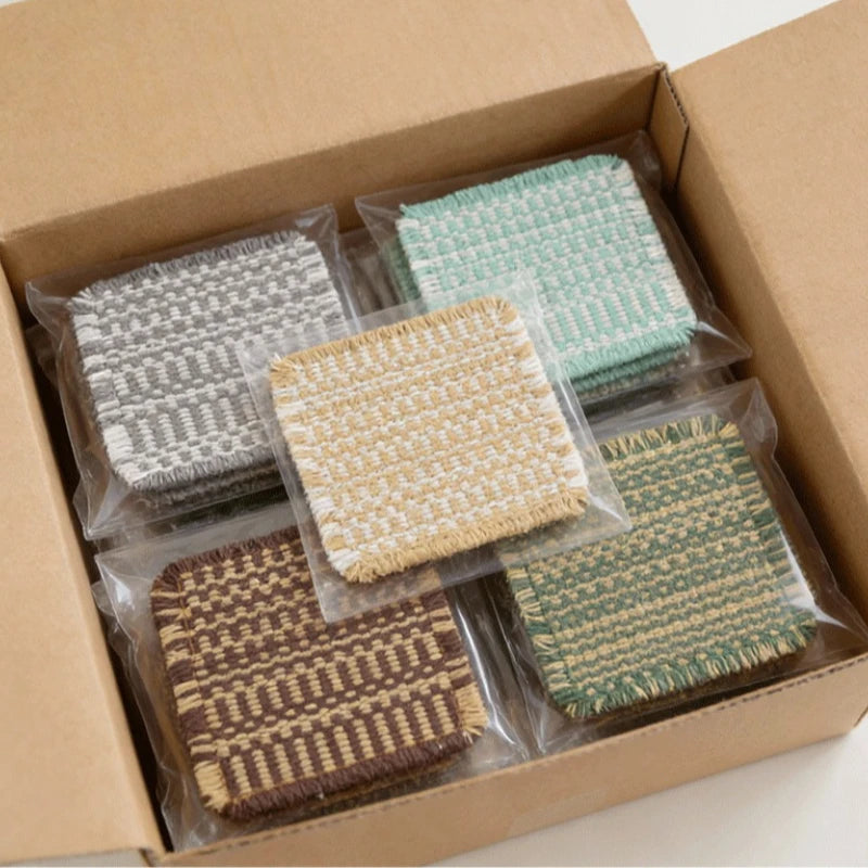 Vintage-inspired, tassel-trimmed woven coasters. checkered square fabric trivets, perfect for coffee, tea, and more Quake