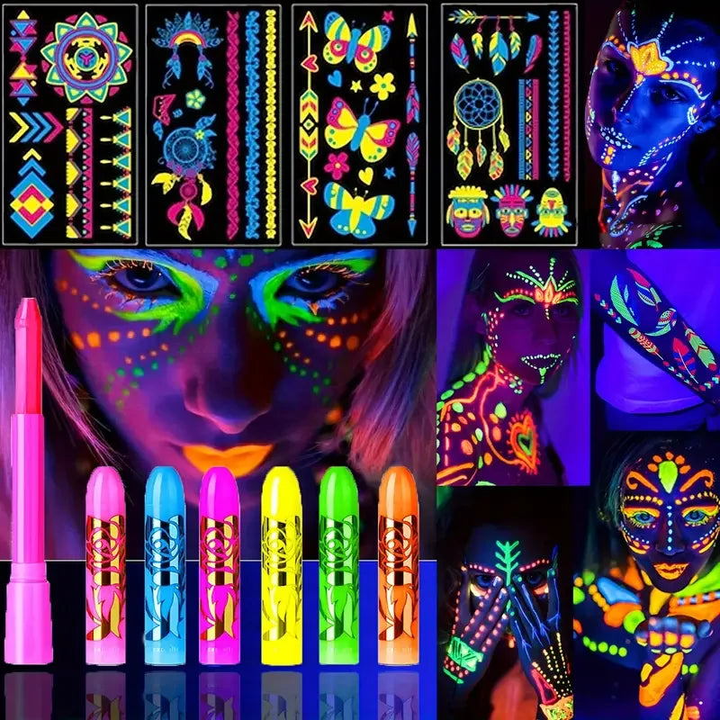 6Pcs UV Neon Face Painting Kit,with 4 Glow Dark Stickers Glow in the Dark Under UV Lights,Black Light Glow Makeup Face Painting Quake 1