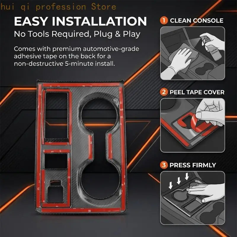 ABS Gear Selector Trim Cover, Black Carbon Fiber Look Decorative Panel with Two Round Openings, Rectangular Cutouts, and Quake CN