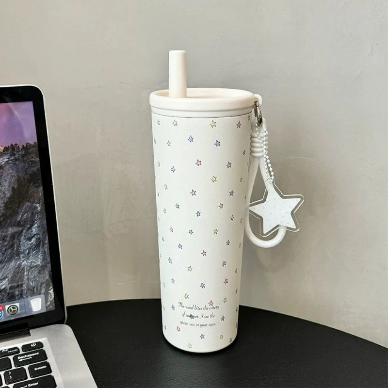 Starry Sky Thermos Cup Stainless Steel Straw Water Bottle High Aesthetic Girl Large Capacity Portable Outdoor Drinking Mug Quake