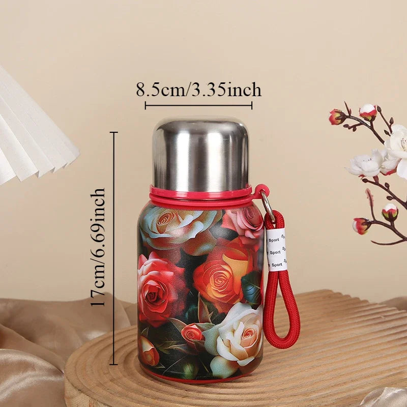 Retro and Bustling High-value Insulated Cup with Creative Rose Pattern Double-layer Water Cup Car Portable Drawstring Stew Cup Quake rose 450ml 501-600ml