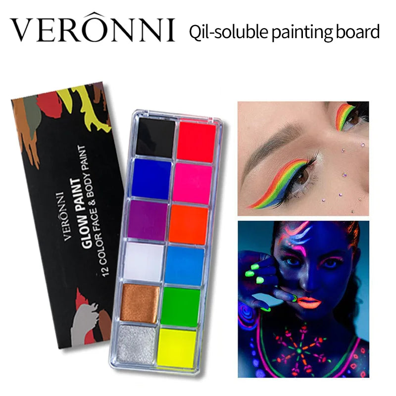 12-Color Vibrant UV Glow Face Paint Kit -Long-Lasting Oil-Neon Fluorescent Palette with Brushes Body Art Nighttime Face Painting Quake