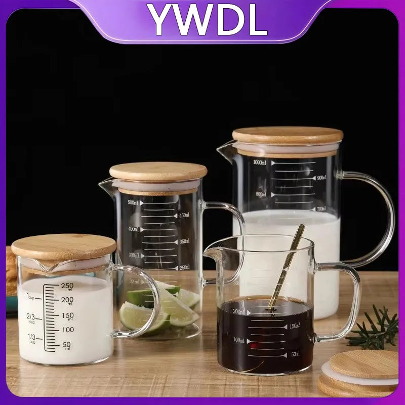 YWDL 250-1000ml Food Grade Glass Measuring Cups Kettle Kitchen Milk Tea with Lid and Handle Laboratory Beaker Measuring Mug Quake
