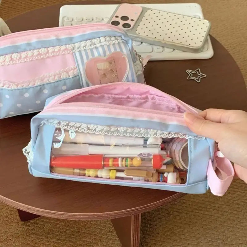 Pencil Soft Polyester Pen Case with Zippers Closure, Pink Blue Patchwork Stationeries Bag for Students and Homework K1KF Quake