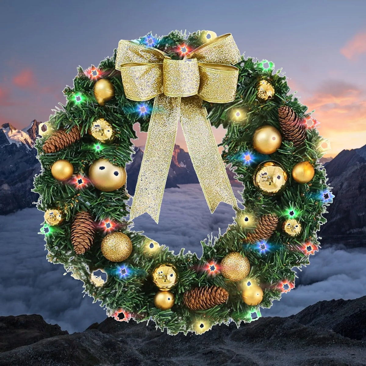 Battery Light Christmas Wreath Artificial PVC 60cm Door Hanging Garland Decorative Wreath for Entry Wall and Fireplace Quake