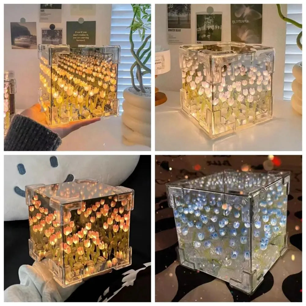 Excluding Gift Bags Tulip Night Light Acrylic 21 Flowers Tulips Flower Table Lamp Magic Cube Handmade DIY Mirror Light Quake