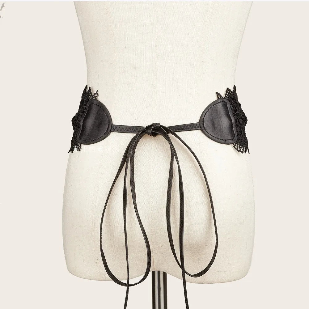 Boho Style Soft Lace Waist Belt Self Tie Wrap Around Bow Tie Belt Wide Cinched Waistband Obi Belt for Dresses Quake
