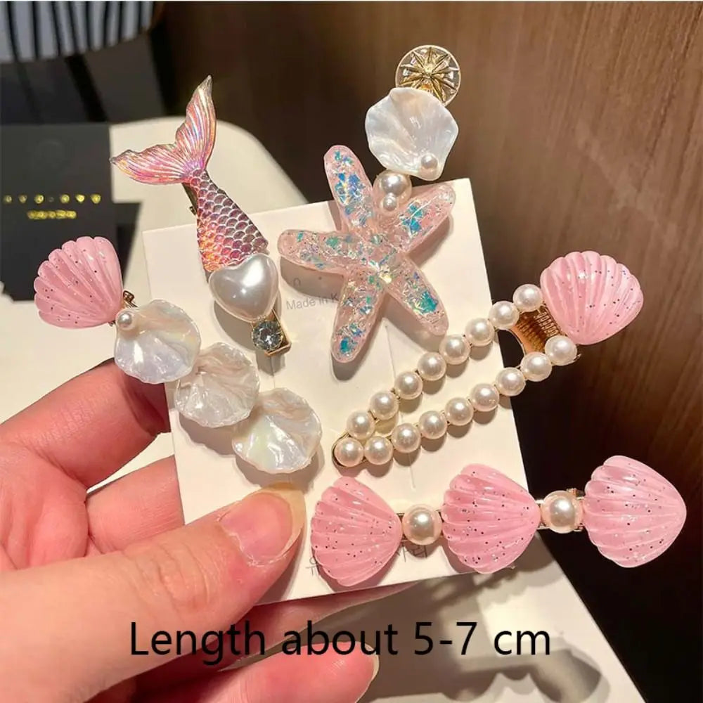 5pcs New Ocean Series Shell Starfish Hair Clips Pink Pearl Mermaid Hairpins Purple Princess Headdress Hair Accessories Quake