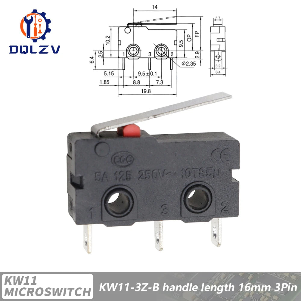 5A 125V250V KW12 Travel Limit Switch KW11-3Z-2 With Handle 16mm Contact Button Micro switch KW12-N 2Pin/3Pin KW12-A NO/NC Quake Lever 16MM 15PCS