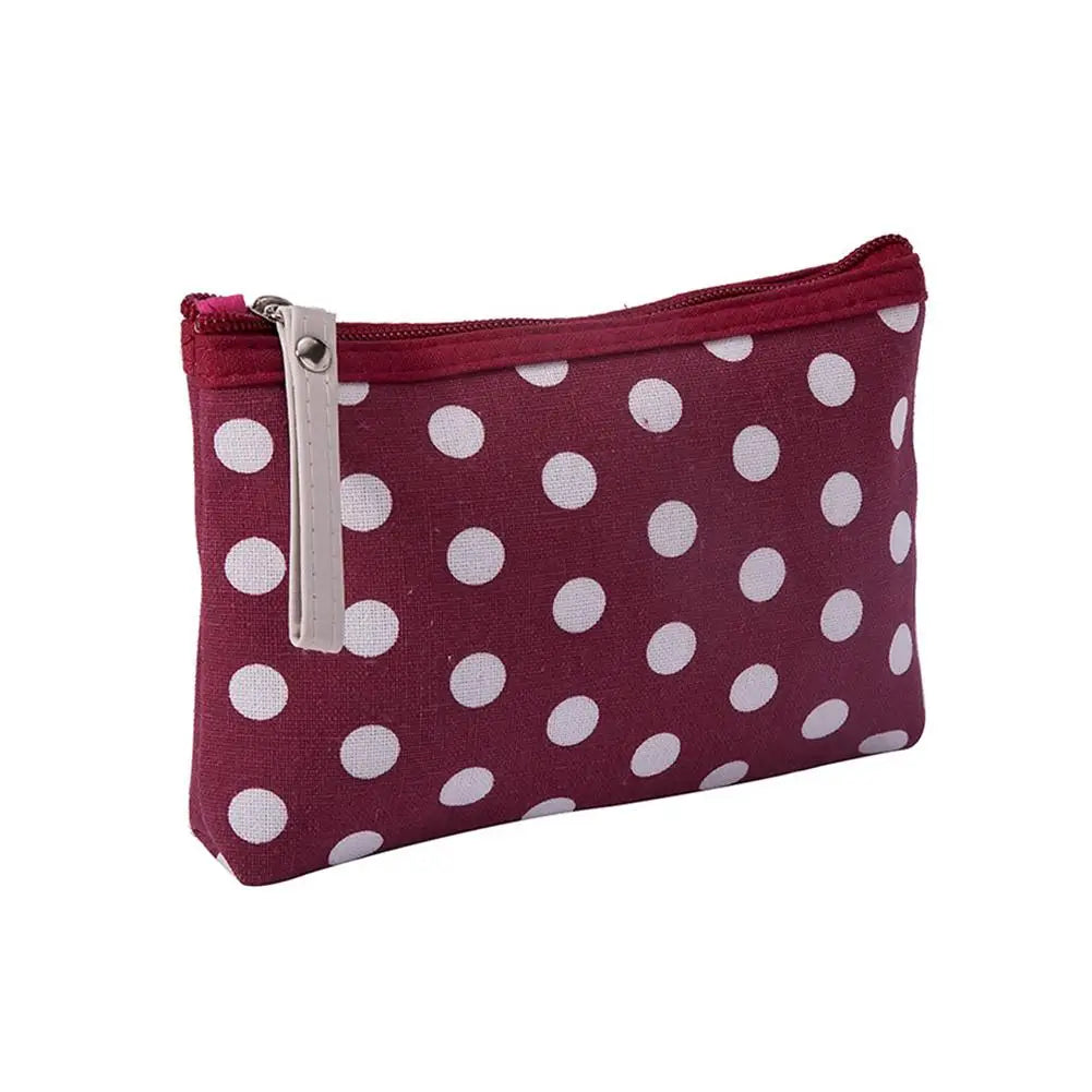 Portable Small Cute Polka Dot Canvas Makeup Bag for Women Girls Simple Travel Lipsticks Organizer Cosmetic Pouch with Zipper Quake Red