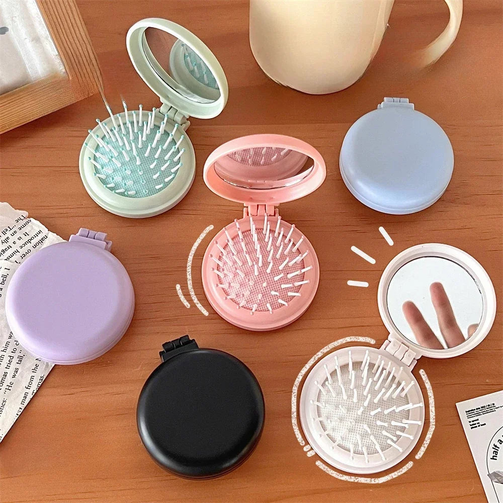 Small Size Hair Comb with Folding Mirror Traveling Portable Massage Folding Comb Women Girl Air Cushion Hair Brush Styling Tools Quake