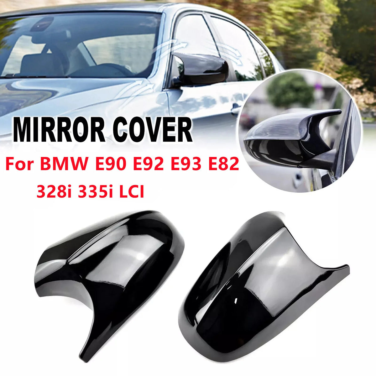 Gloss Black M Look Side Door Mirror Cover Caps Replacement For BMW E90 E91 E92 E93 E81 E82 328i 335i Pair Quake