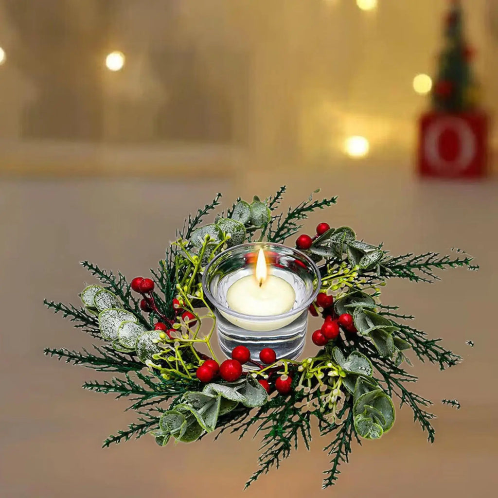 Christmas Candle Ring Decorative Rustic Artificial Red Berries Garland Candle Holder for Festival Living Room Decoration Quake