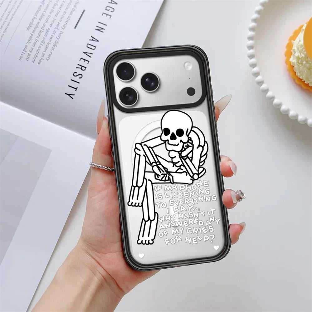 Stay Cold Skeleton Pattern Mirror Surface Magnetic Phone Case Cover for IPhone 13 14 15 16 17 18 Pro Max Case Quake