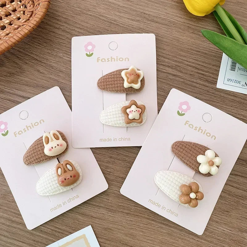 Korean 2pcs Cute Kids Hair Clip Cartoon Rabbit Floral Hair Pin for Girls Milk Coffee Bang Side Clip Children Headwear Quake