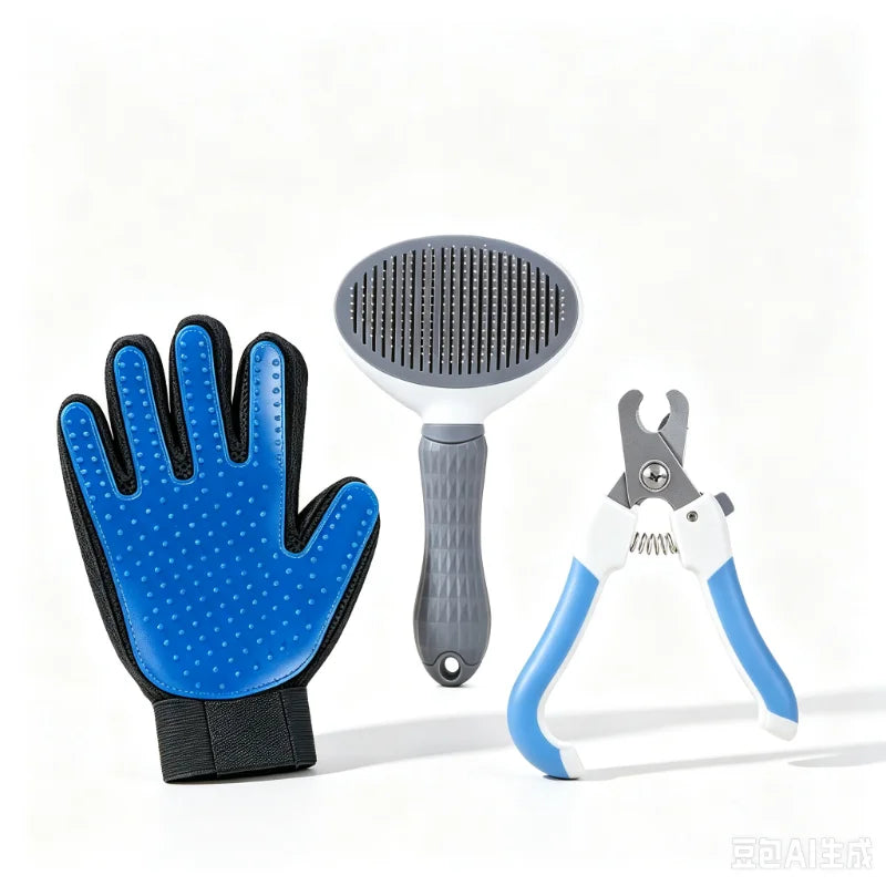 Pet Grooming Kit 3Pcs Dog Cat Grooming Glove Self‑Cleaning Slicker Brush Pet Nail Clipper For Cats Dog Hair Remover Massage Tool Quake 1 Set