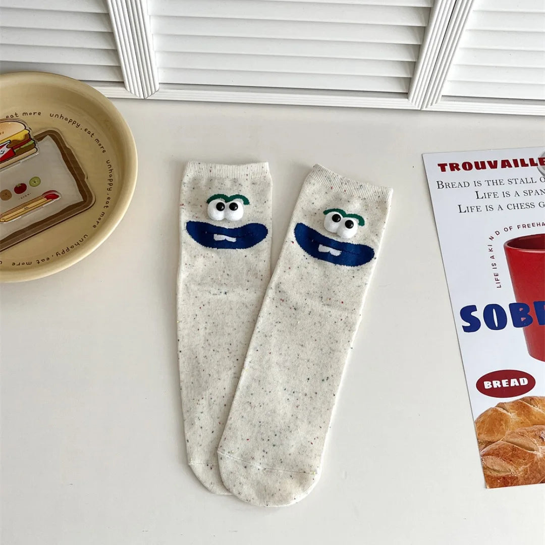 Funny Expression Women's Socks Spring Summer School Students Wearing Cute Cartoon Big Eyes Men Socks Friends Birthday Gifts Quake 1PC-blue mouth One Size