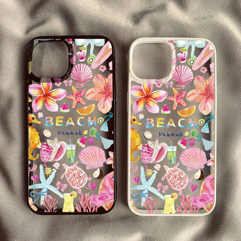 Tropical Summer Beach Clear Case for iPhone 16 12 13 mini 11 14 15 Pro Max XR 7 8 Plus Seashell Hibiscus Fruit shockproof Cover Quake
