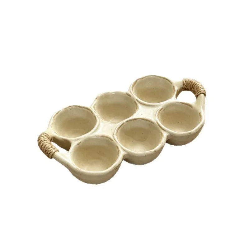 Vintage Ceramic Egg Storage Tray 6‑Grid Egg Holder with Rope Handle Refrigerator Kitchen Egg Container for Home Organization Quake