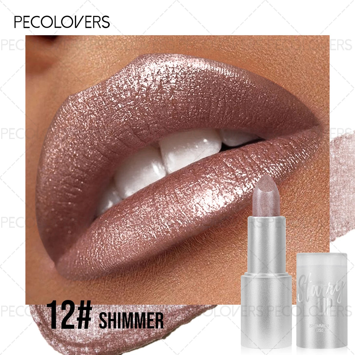 1 Pcs Mermaid Pearlescent Glitter Lipstick, Non-Drying Smooth, Mermaid & Bean Paste, Metallic Shimmer Champagne Gold Pink Nude Quake 12