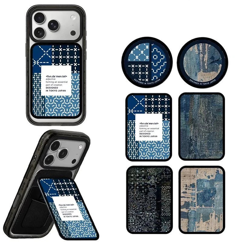 Tokyo Denim Texture Pattern Magnetic Phone Grip Card Holder Stand for IPhone 13 14 15 16 17 18 Pro Max Case Quake
