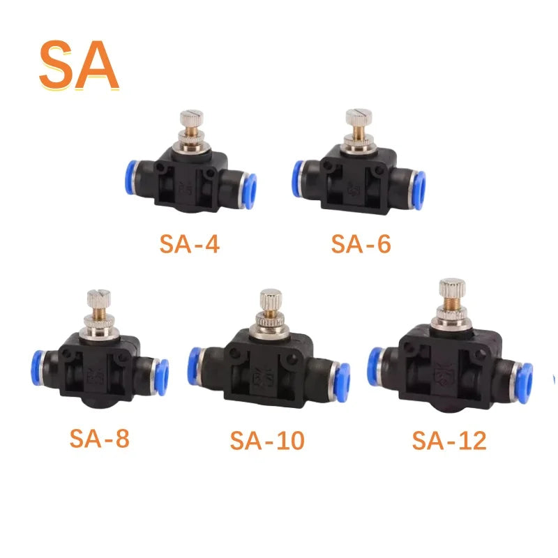3pc Air Flow Speed Control Valve Tube Water Hose Pneumatic Push In Fittings Throttle Valve SA 4-12mm Quake