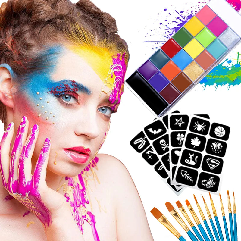 Paint Body Makeup Halloween Face Body Art 20 Color Painting Kit with Brushes Sticker Templates Safe Ingredient Available for Kid Quake