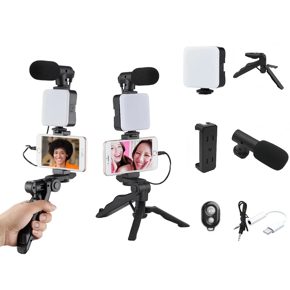 Smartphone Vlogging Kit With Tripod Phone Holder Mini Microphone Fill Light Starter Portable Stabilizer Bracket For Live Stream Quake