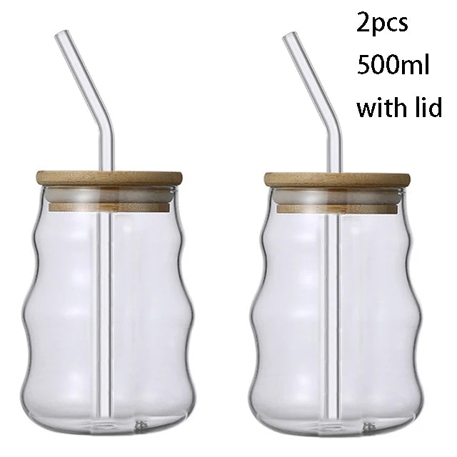 YWDL 1/2pcs 500ml Glass Tumblers Cups With Straw Mason Jar Clear Juice Coffee Milk Cup With Bamboo Lids Drinkware Quake 500ml smooth 2pcs