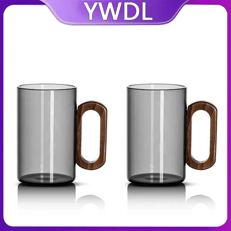 120/200/300/360ml Glass Cups With Walnut Handle Coffee Mug Set Heat-resistant Teacup Household Office Drinking Glasse 2pcs Quake