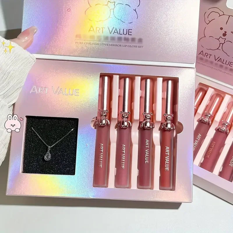 Cute Bear Lip Mud Necklace Set Gift Box,Matte Mirror Lipstick Non-Stick Cup,Ideal Jewelry and Makeup Set,Birthday Gift for Girls Quake